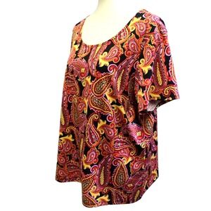 Elementz Women Top 2X Blouse Short Sleeve Work Knit T-Shirt Paisley Black Orange